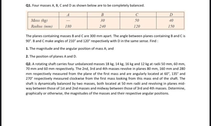 Solved Q1. Four Masses A,B,C And D As Shown Below Are To Be | Chegg.com