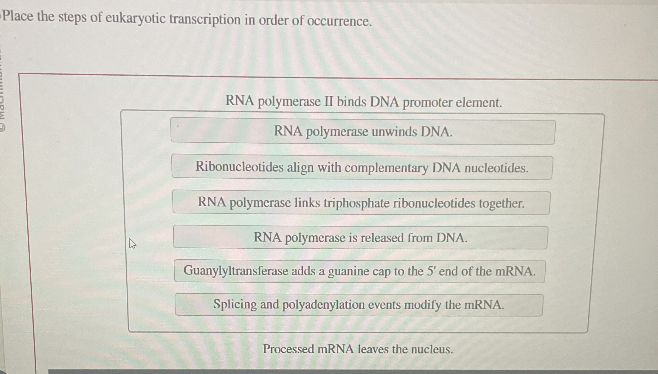 Solved Place the steps of eukaryotic transcription in order | Chegg.com