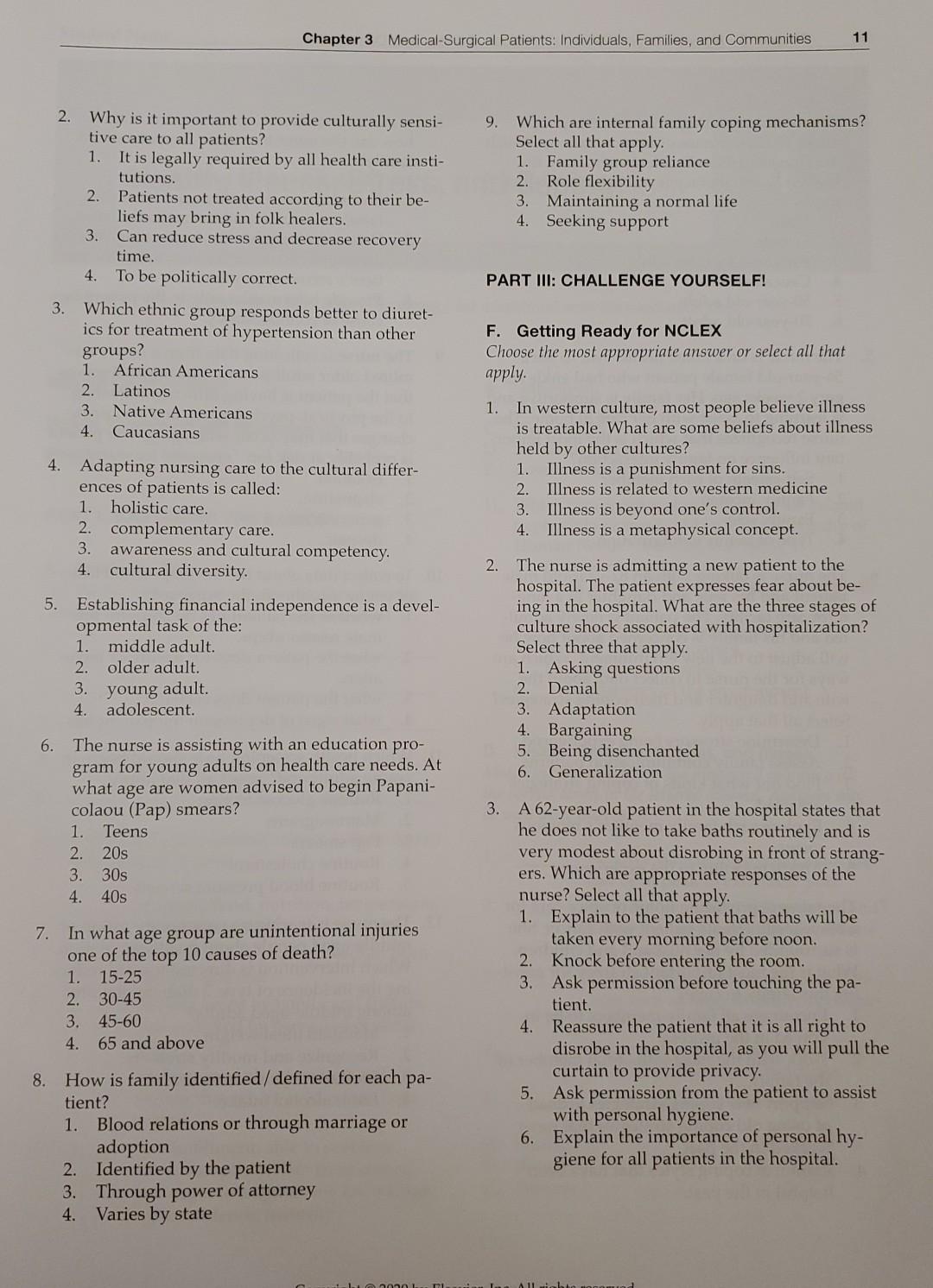 Chapter 3 Medical-Surgical Patients: Individuals, Families, and Communities 11 9. Which are internal family coping mechanisms
