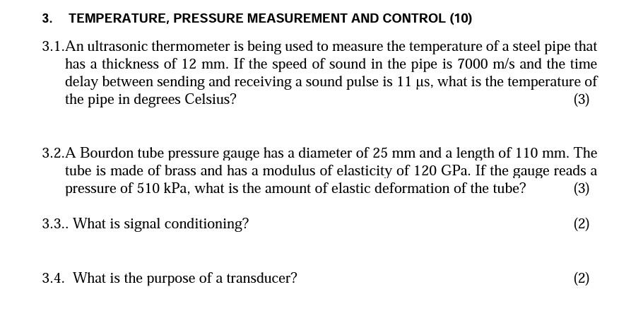 Solved 3. TEMPERATURE, PRESSURE MEASUREMENT AND CONTROL (10) | Chegg.com