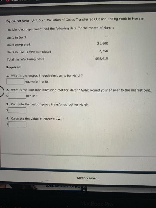 Solved Equivalent Units, Unit Cost, Valuation of Goods
