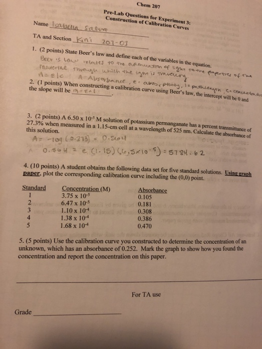 Solved Chemistry 207 Report Sheet Experiment 3 Name TA and | Chegg.com