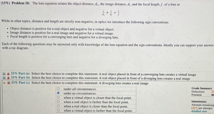Solved 1 (13%) Problem 10: The lens equation relates the | Chegg.com