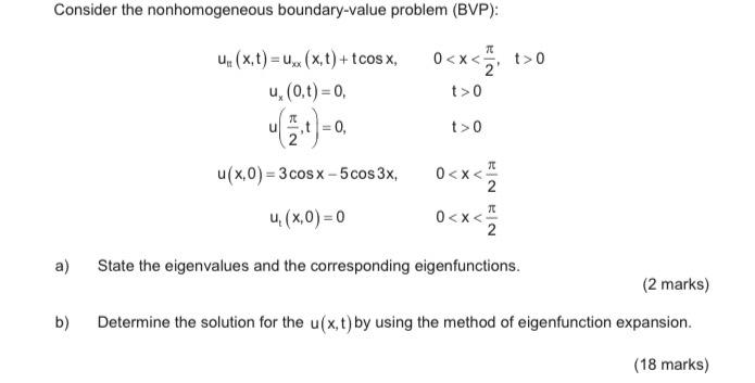 Consider the nonhomogeneous boundary-value problem (BVP):
\[
\begin{array}{cc}
u_{u t}(x, t)=u_{x x}(x, t)+t \cos x, & 0<x<\f