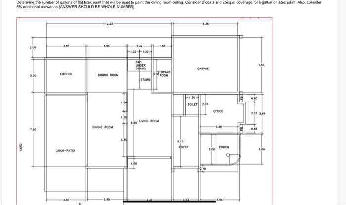 Determine the number of gallons of flat latex paint that will be used to paint the dining room ceiling. Consider 2 coats and