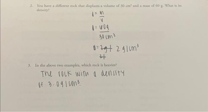 Solved 2. You have a different rock that displaces a volume | Chegg.com