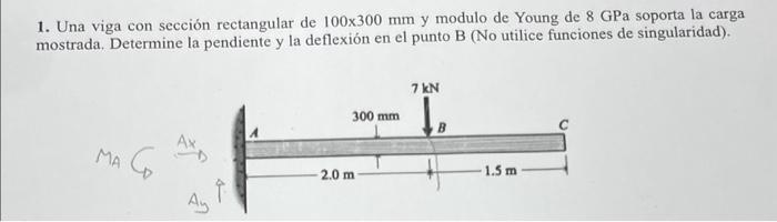 1. Una viga con sección rectangular de \( 100 \times 300 \mathrm{~mm} \) y modulo de Young de \( 8 \mathrm{GPa} \) soporta la