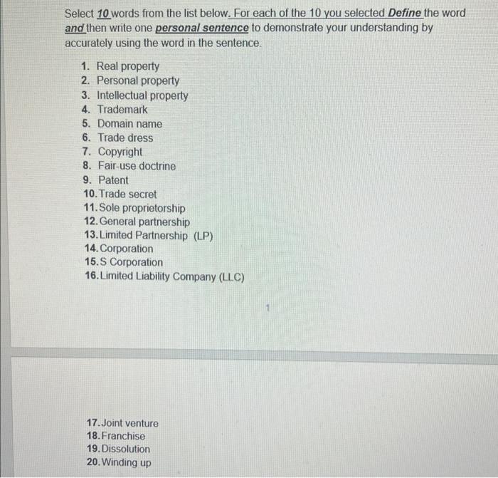 Solved Select 10 words from the list below. For each of the | Chegg.com