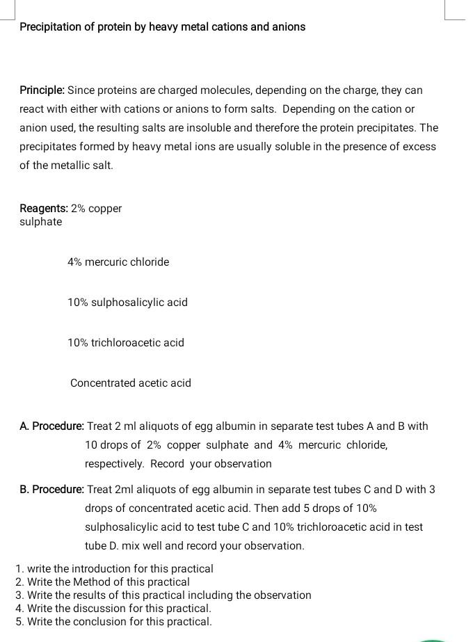 Solved Precipitation of protein by heavy metal cations and