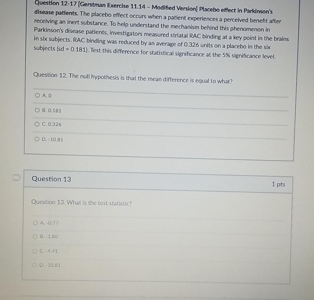 Solved Question 12-17 (Gerstman Exercise 11.14 - Modified | Chegg.com