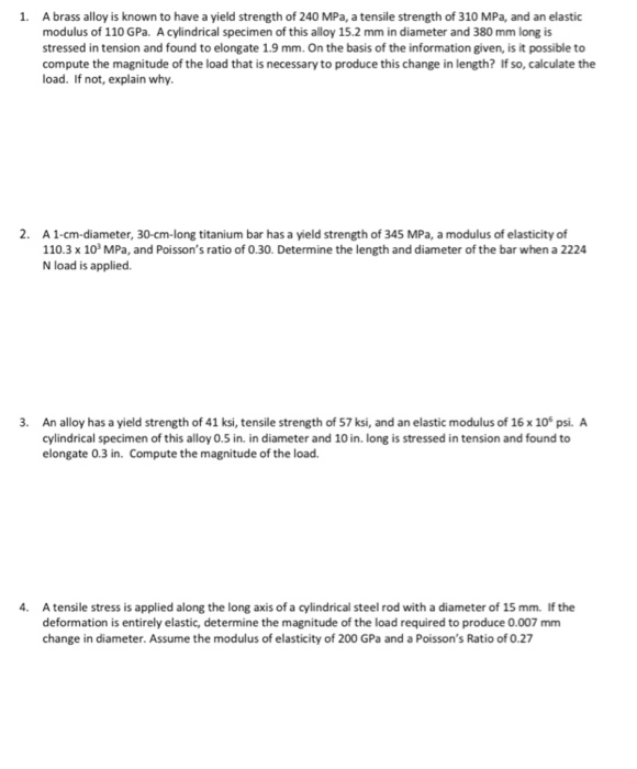 Solved 1. A brass alloy is known to have a yield strength of