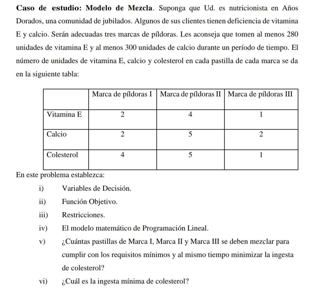 Caso de estudio: Modelo de Mezcla. Suponga que Ud. es nutricionista en Años Dorados, una comunidad de jubilados. Algunos de s