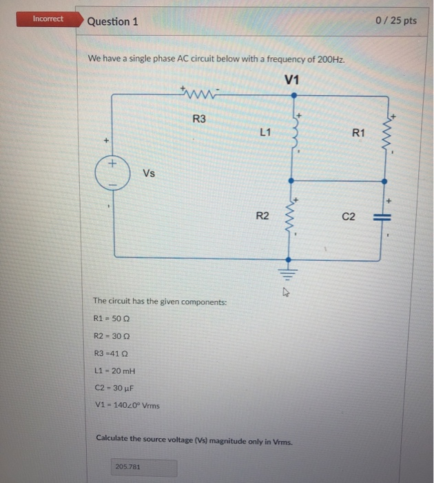 Solved Incorrect Question 1 0/25 pts We have a single phase | Chegg.com