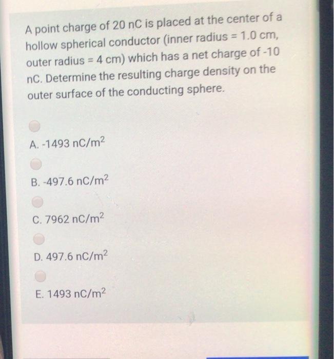 Solved A point charge of 20 nC is placed at the center of a | Chegg.com