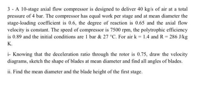 Solved 3 - A 10-stage axial flow compressor is designed to | Chegg.com