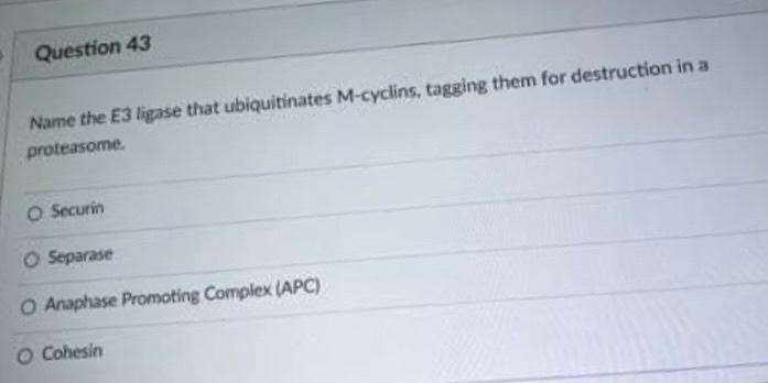 Question 43
Name the E3 ligase that ubiquitinates M-cyclins, tagging them for destruction in a
proteasome.
O Securin
Separase