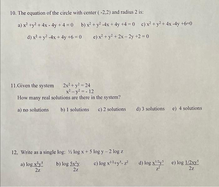 Solved 10 The Equation Of The Circle With Center 2 2 And Chegg Com