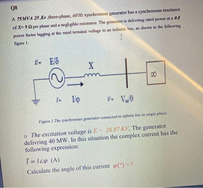 Solved Q8 A 75MVA25,Kv, threc-phase, 60 Hz synchronous | Chegg.com