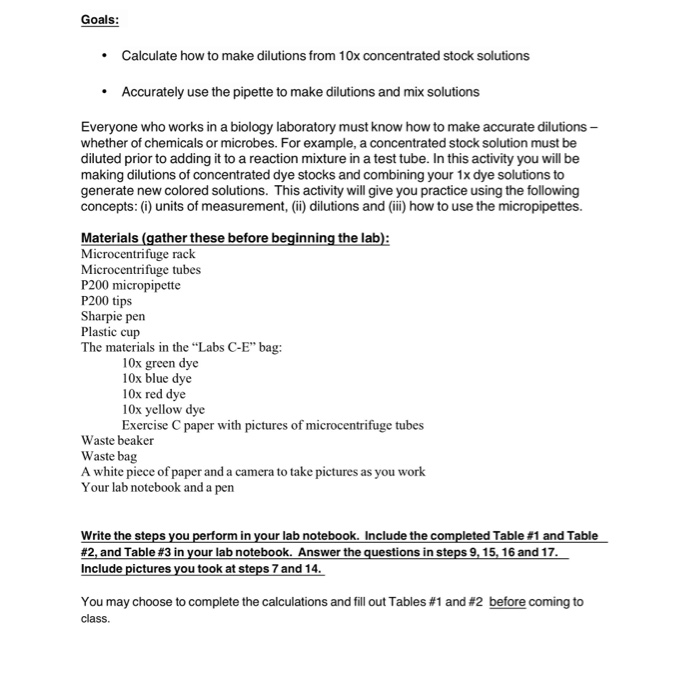 Solved Goals Calculate how to make dilutions from 10x