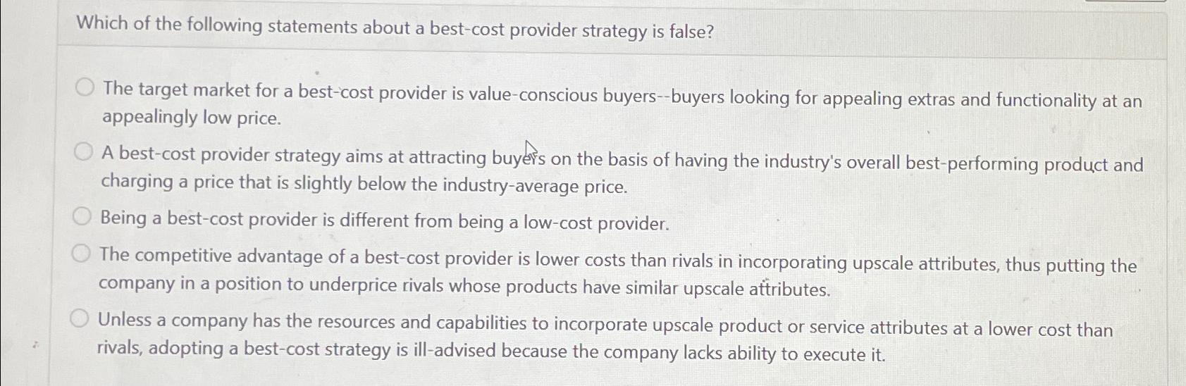 Solved Which of the following statements about a best-cost | Chegg.com