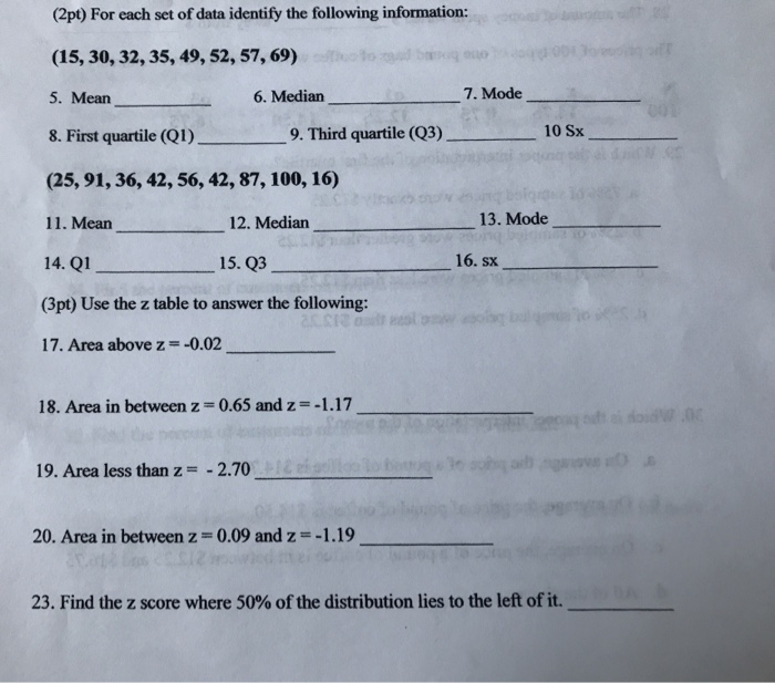 Solved (2pt) For each set of data identify the following | Chegg.com