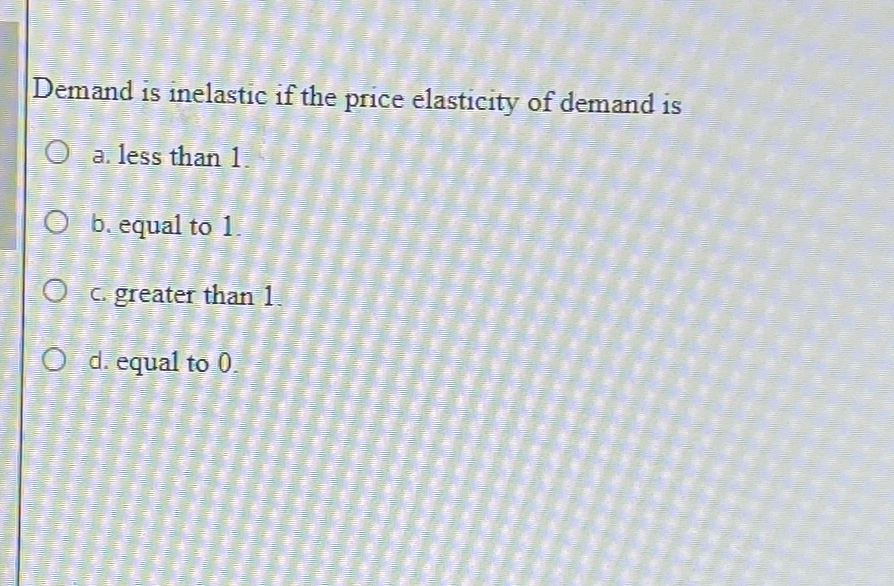 Solved Demand is inelastic if the price elasticity of demand | Chegg.com