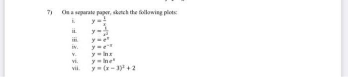 7) On a separate paper, sketch the following plots: i. \( y=\frac{1}{x} \) ii. \( y=\frac{1}{x^{2}} \) iii. \( y=e^{x} \) iv.