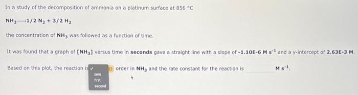 Solved In a study of the decomposition of ammonia on a | Chegg.com