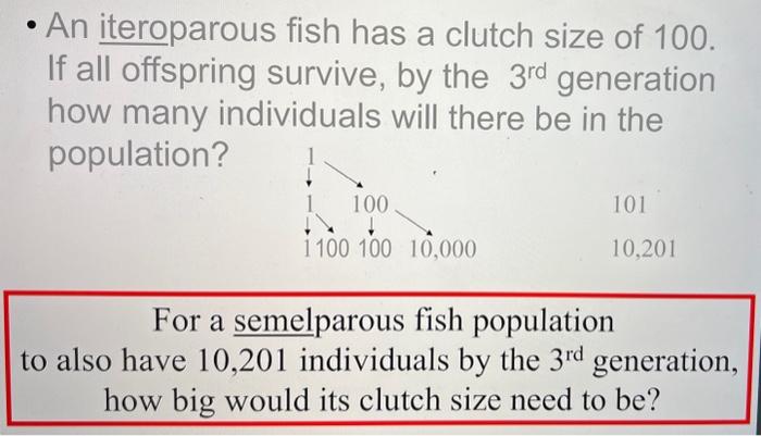 Solved - An iteroparous fish has a clutch size of 100 . If | Chegg.com