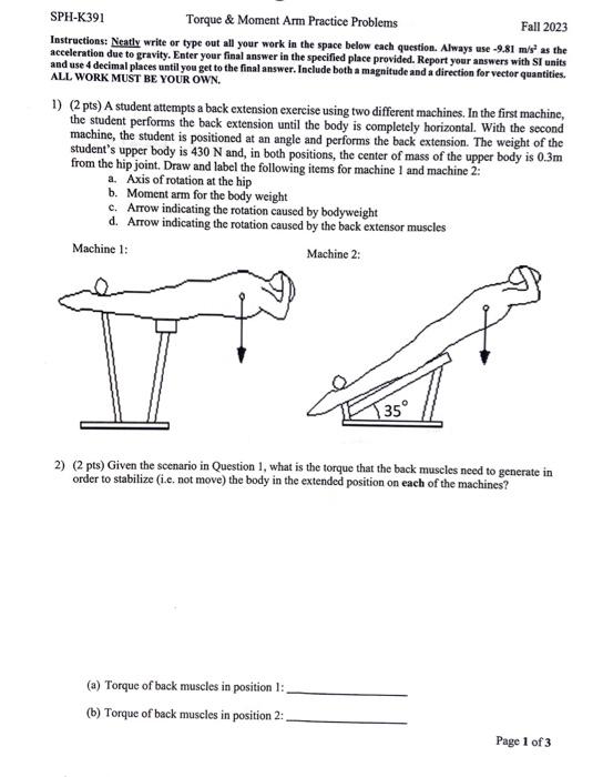 Solved SPH-K391 Torque & Moment Arm Practice Problems Fall | Chegg.com