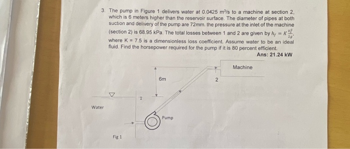 3. the pump in figure 1 delivers water at 0.0425 m/s to a machine at section 2 which is 6 meters higher than the reservoir su