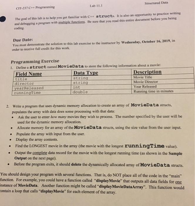 Solved Structured Data Lab 11.1 CIT-237 CH+ Programming The | Chegg.com