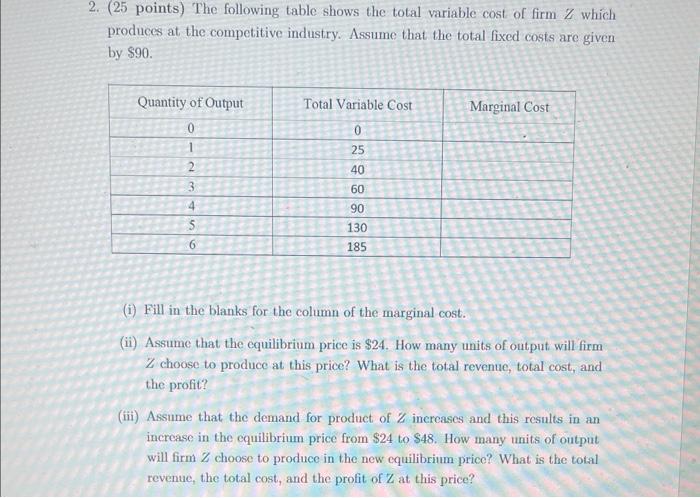 Solved 2. ( 25 points) The following table shows the total | Chegg.com