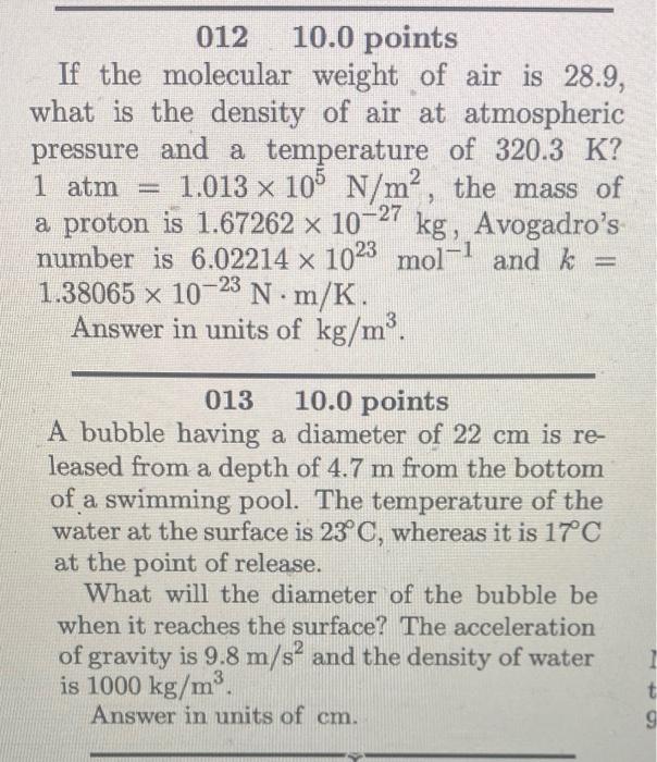 Solved 01210.0 points If the molecular weight of air is 28.9 | Chegg.com