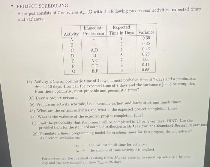 Solved PROJECT SCHEDULING A project consists of 7 activities | Chegg.com