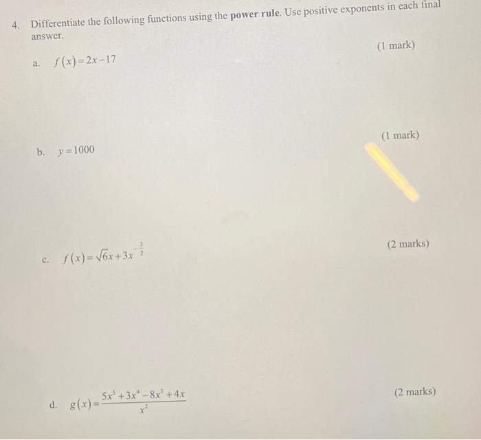 Solved 4 Differentiate The Following Functions Using The 4255