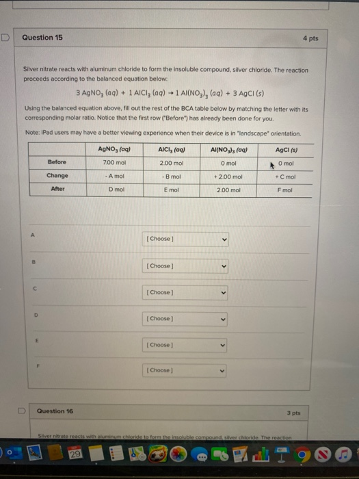 Solved Question 15 4 Pts Silver Nitrate Reacts With Aluminum 8234