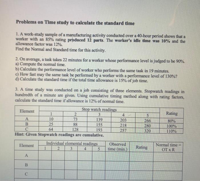 Solved Problems on Time study to calculate the standard time | Chegg.com