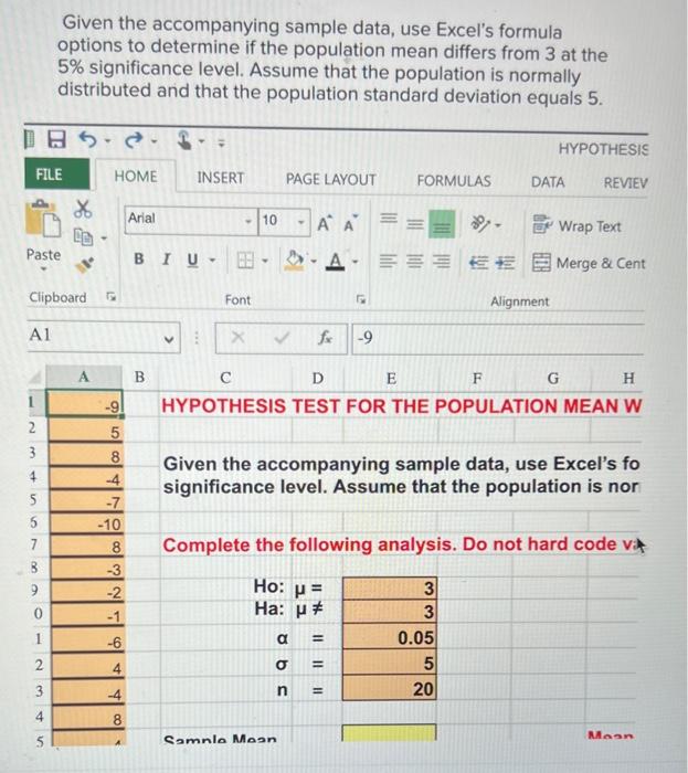 Solved Given the accompanying sample data, use Excel's | Chegg.com