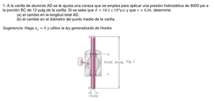 1. A la varilla de aluminio \( A D \) se le ajusta una coraza que se emplea para aplicar una presión hidrostática de 8000 psi