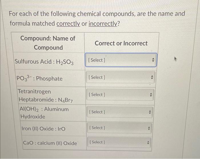 For each of the following chemical compounds, are the name and formula matched correctlv or incorrectlv?