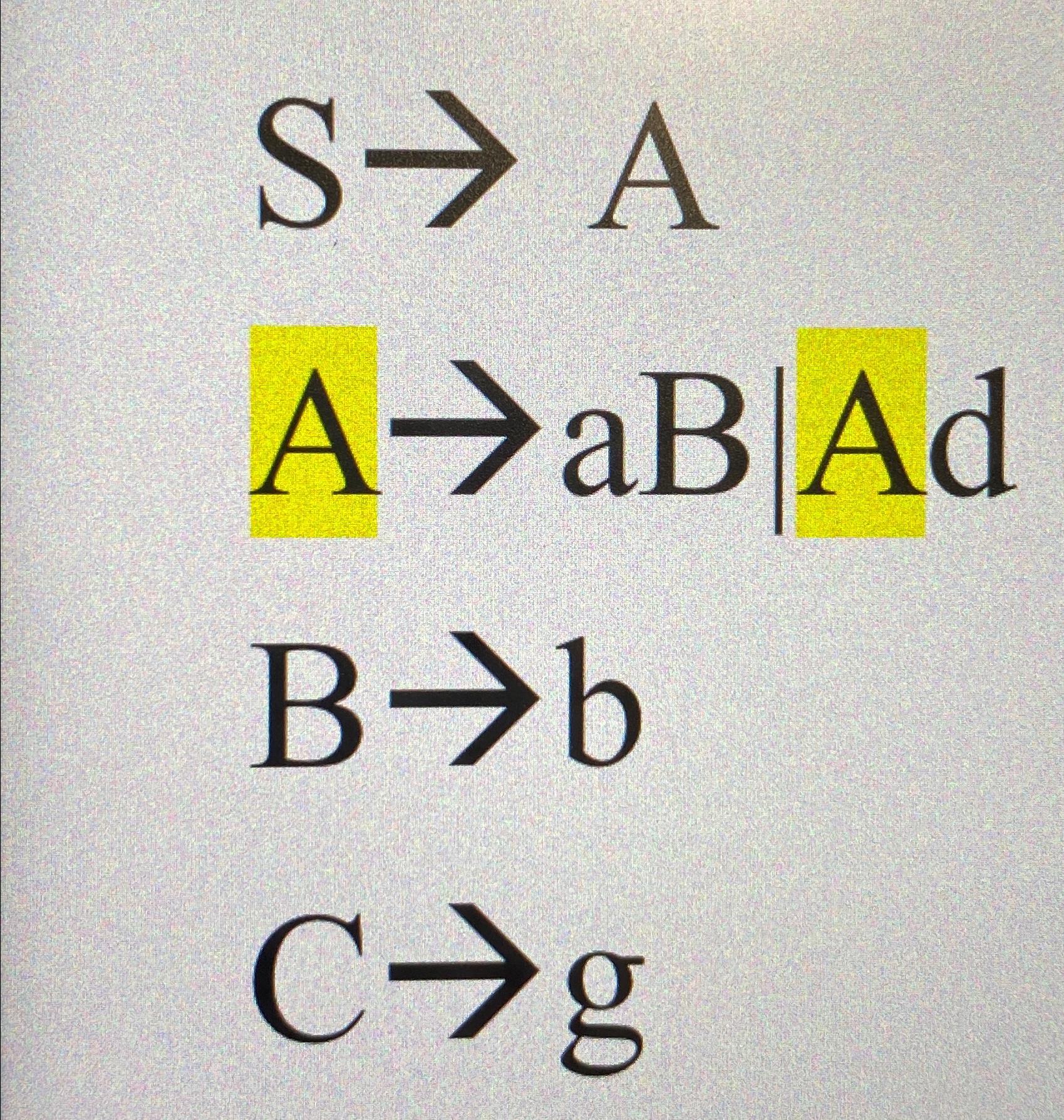 Solved S→AA→aB|Ad|B→bC→gHow to eliminate left recursion? | Chegg.com