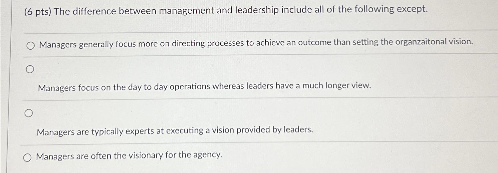 Solved The difference between management and leadership | Chegg.com