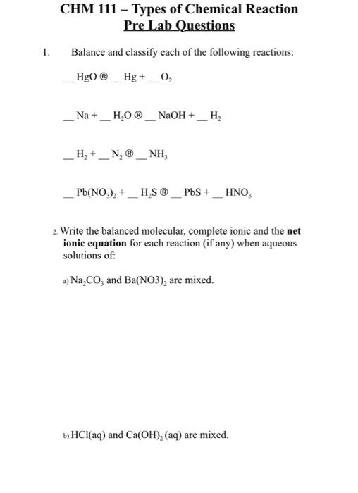 Solved CHM 111 - Types of Chemical Reaction Pre Lab | Chegg.com