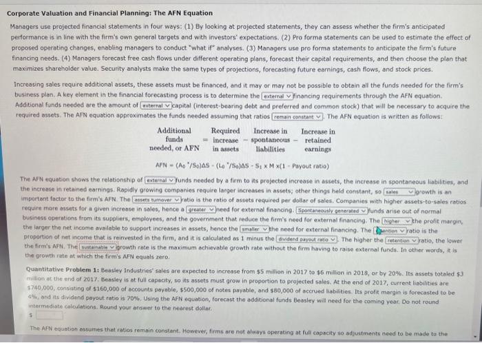 Solved Corporate Valuation and Financial Planning: The AFN | Chegg.com