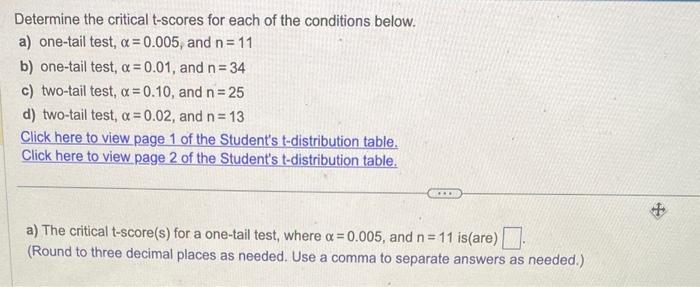 Solved Determine the critical t-scores for each of the | Chegg.com