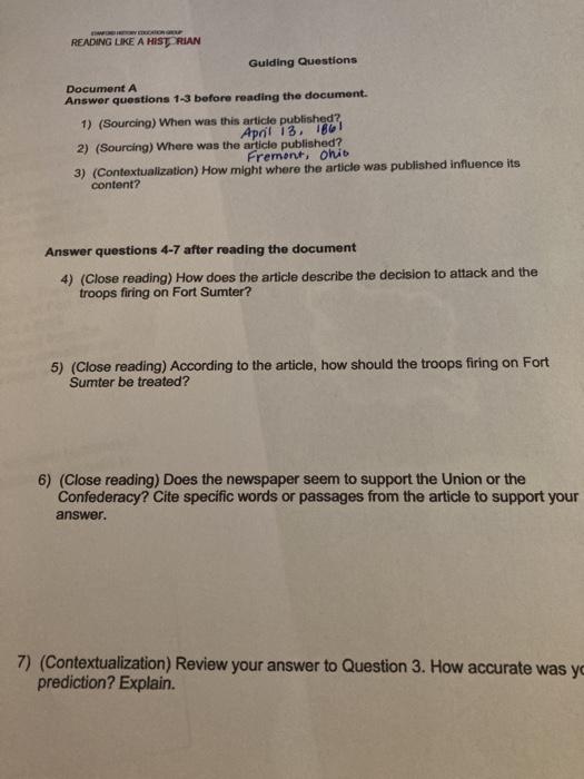 RENDING LIKE A HISTOPIAN Guiding Questions Document A