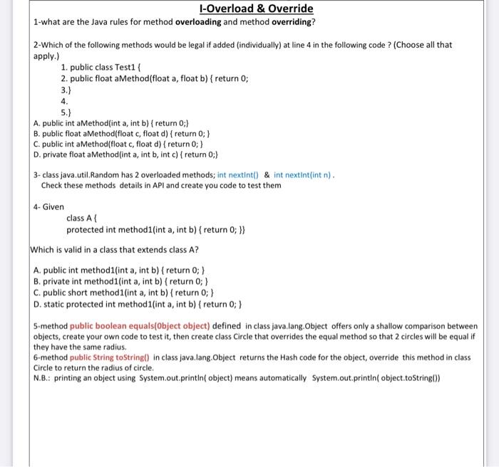 Solved 1-what are the Java rules for method overloading and