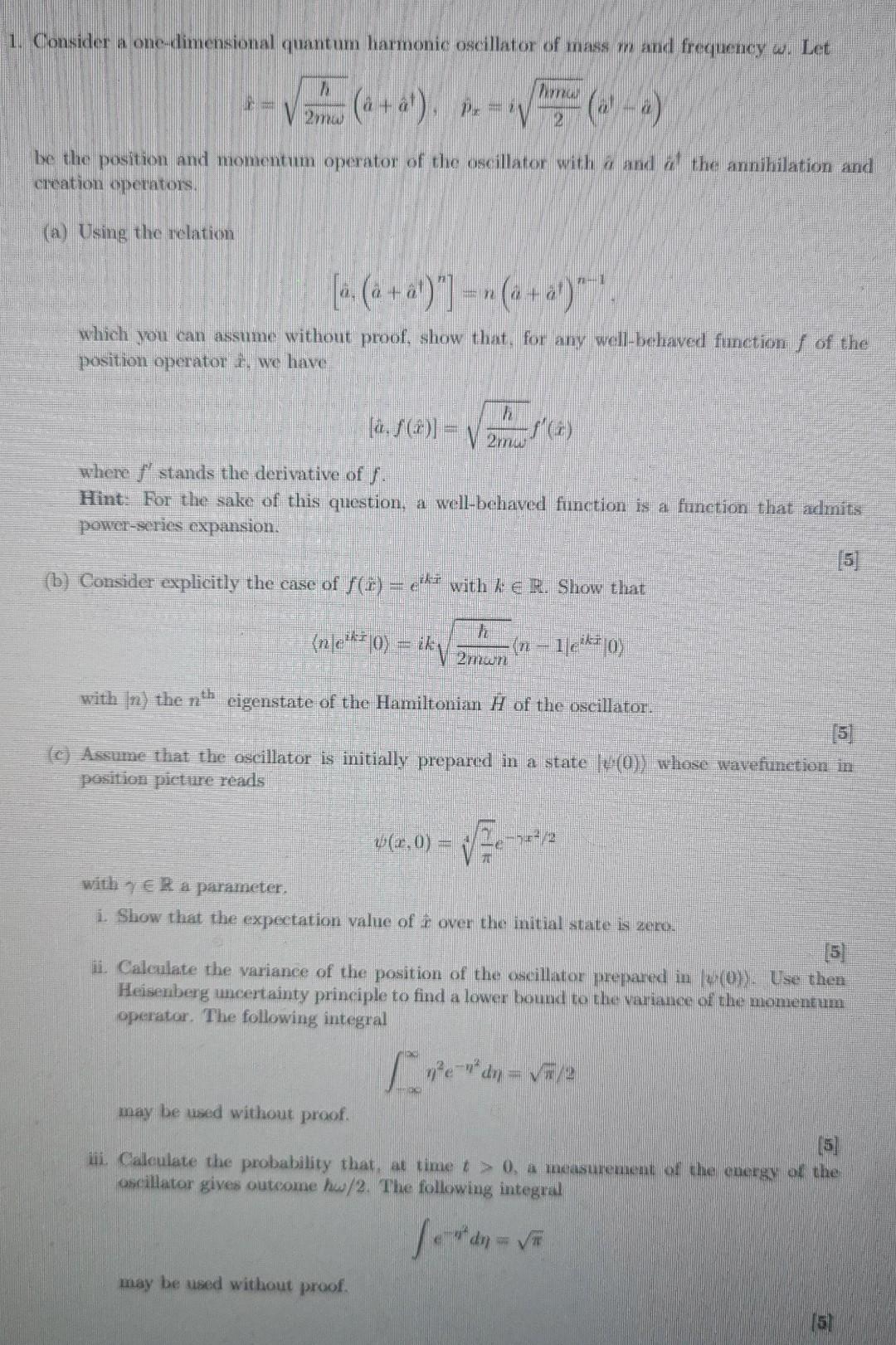 Solved 1. Consider a one-dimensional quantum harmonic | Chegg.com