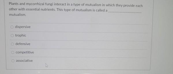 Solved Plants and mycorrhizal fungi interact in a type of | Chegg.com